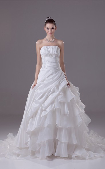 Sleeveless A-Line Ruched Gown With Cascading Ruffles and Cinched Waistband