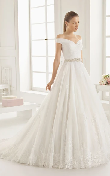 Shoulder Off Tulle Gown With Beaded Sash