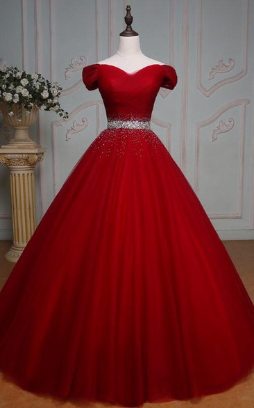 Ball Gown Maxi Off-The-Shoulder Sleeveless Bell Pleats Beading Corset Back Tulle Lace Dress