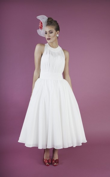 Chiffon Sleeveless A-line Vintage Jewelry Neckline Dress With Sash And Pleats