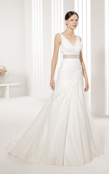 Asymmetrical V-Neck Dress With Beaded Sash