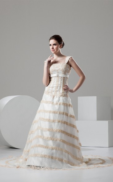 Caped-Sleeve A-Line Appliqued Chapel Train and Dress With Broach