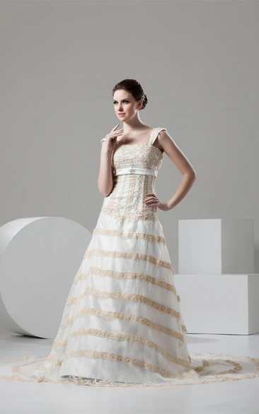 Caped-Sleeve A-Line Appliqued Chapel Train and Dress With Broach