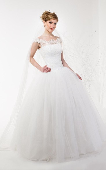 Cap Sleeve Tulle Dress With Lace Bodice and Lace-Up Back