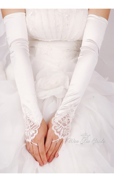 Plus Long White Beaded Satin Hook Elastic Satin Gloves