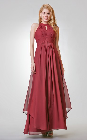 Halter Long A-line Chiffon Dress With Pleats