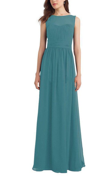 Illusion Chiffon Ruched Long Bridesmaid Dress