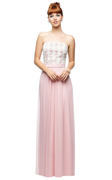 Strapless Long Column Elegant Dress With Lace Bodice