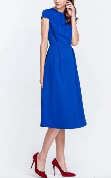 Simple High Neck Cap Sleeve A-line Satin Knee Length Dress