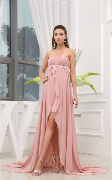 Strapless Chiffon Pleated Empire Dress With Brush Train