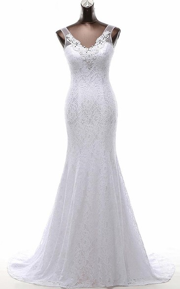 Trumpet Tea-Length V-Neck Sleeveless Beading Appliques Sweep Train Backless Lace-Up Back Lace Dress