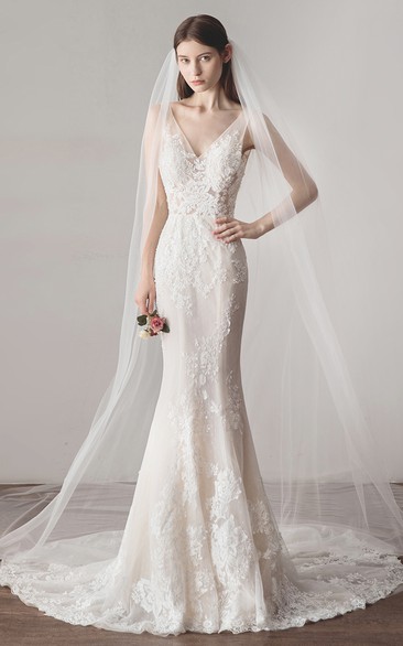 Simple Mermaid Wedding Dress With V-neck Sleeveless Lace And Illusion Top With Deep V-back