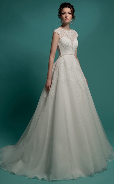 A-Line Floor-Length Jewel-Neck Cap-Sleeve Illusion Organza Dress With Appliques And Beading