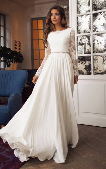 Taffeta Lace Floor-length Brush Train A Line Long Sleeve Modest Wedding Dress