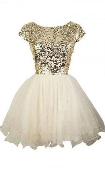 A-line Short Sleeve Tulle Sequins Bateau Zipper Low-V Back Short Mini Homecoming Dress