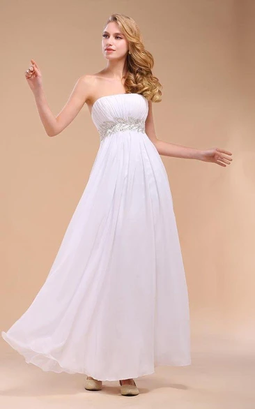 Strapless Chiffon Gown With Empire Waist and Appliques