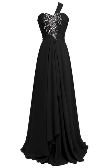 One-shoulder A-line Chiffon Gown With Beadings