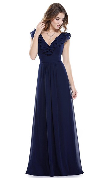 Cap-sleeved A-line Long Chiffon Dress with Ruffles