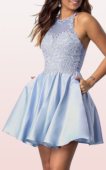 Satin Lace Mini A Line Sleeveless Adorable Homecoming Dress with Pleats