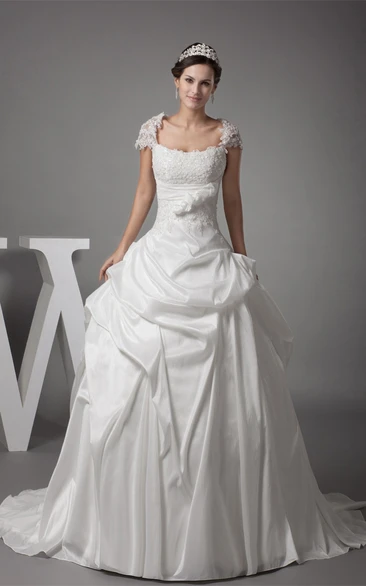 Caped-Sleeve Pick-Up Appliqued Ruching and Gown With Flower