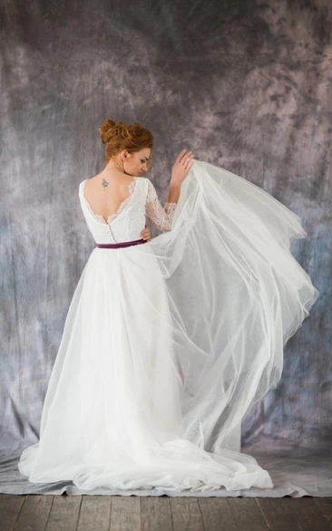 3-4 Sleeve A-Line Lace and Organza Dress With Bateau Neckline and Satin Sash