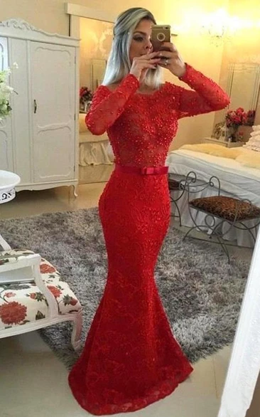 Glamorous Jewel Mermaid Red Pom Dress Long Sleeve With Beadings