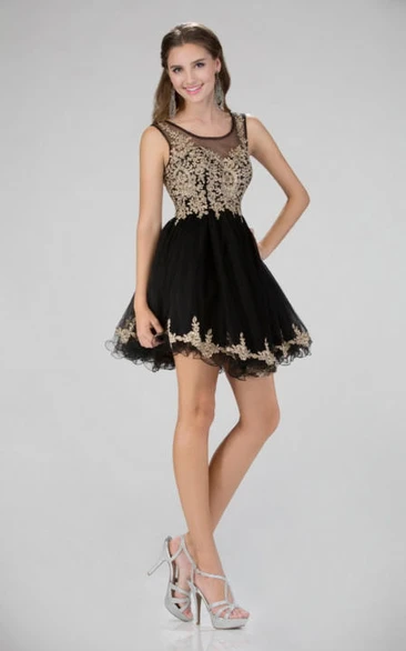 A-Line Short Bateau Sleeveless Illusion Dress With Appliques