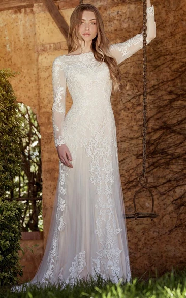 Sheath Long-Sleeve High Neck Tulle&Lace Wedding Dress With Sweep Train