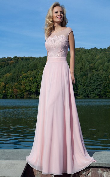 Sheath Lace Floor-Length Scoop-Neck Cap-Sleeve Prom Dress