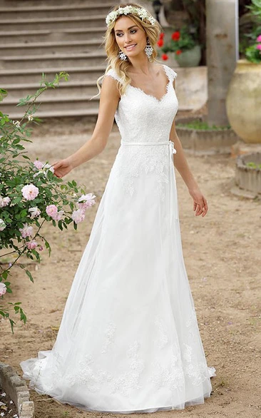 A-Line V-Neck Cap-Sleeve Lace Wedding Dress With Illusion