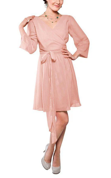 Long Sleeve V-neck Chiffon Short Dress with Bow