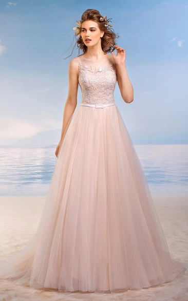 A-Line Maxi Scoop Sleeveless Lace-Up Tulle Dress With Appliques And Pleats