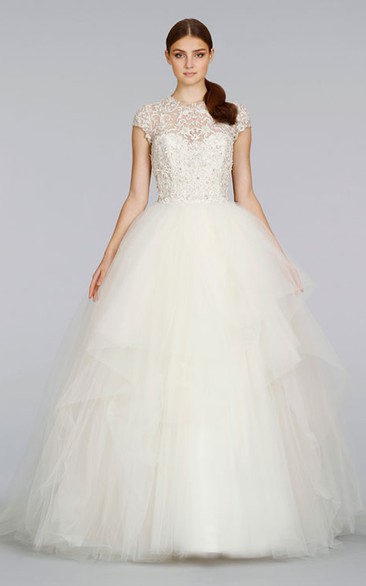 Delicate Cap Sleeve Tulle Ball Gown With Beaded Embroidery and Keyhole Back