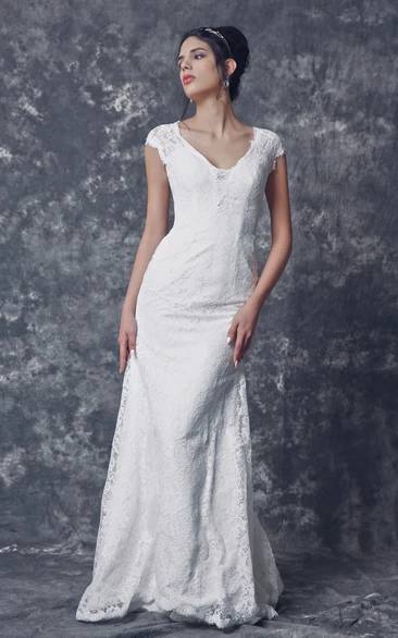 Cap Sleeve V-neck Sheath Lace Gown With Illusion Back