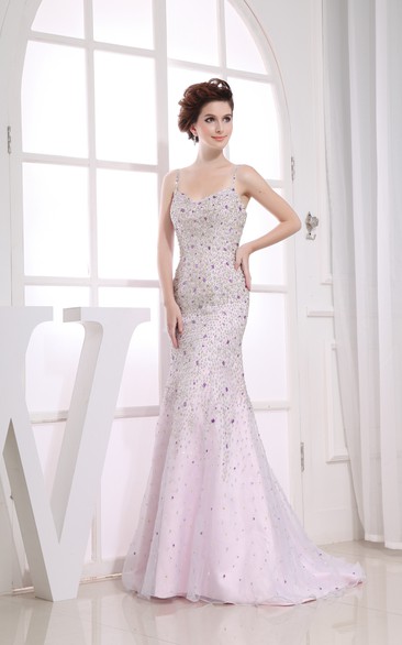 Sleeveless Beaded Sheath Dress With Brush Train