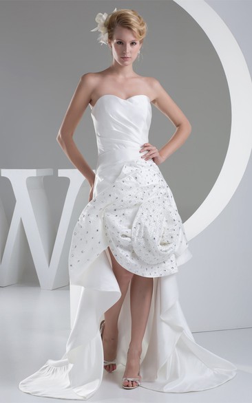 Sleeveless Satin Ruched Brush Train and Dress With Rhinestone