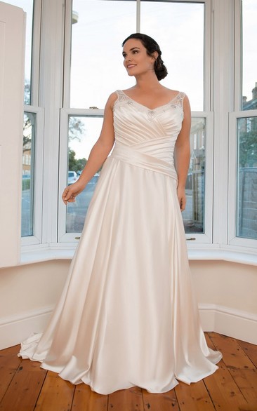 A-Line Floor-Length V-Neck Sleeveless Satin Court Train Illusion Ruching Dress