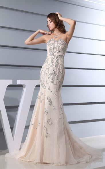 Sleeveless Mermaid Tulle Notched Pleats and Dress Beading