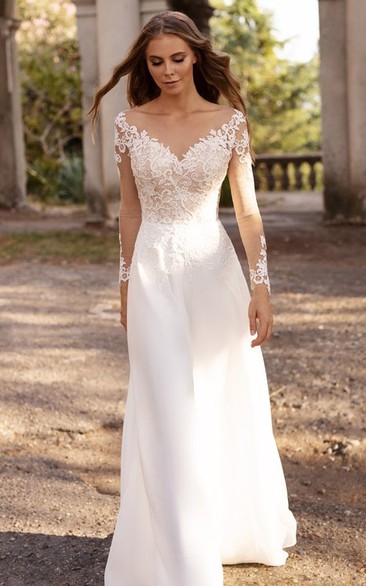 Elegant Bateau A Line Floor-length Sweep Train Long Sleeve Wedding Dress With Appliques