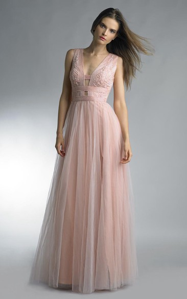 A-line Floor-length V-neck Sleeveless Tulle Keyhole Dress