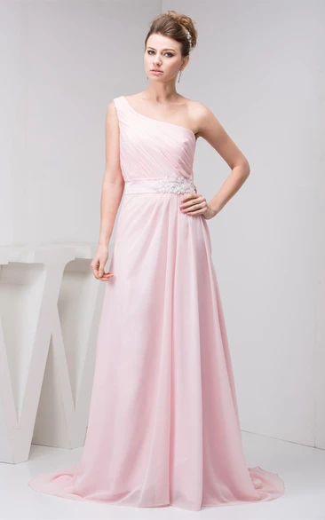 Pastel Chiffon One-Shoulder Appliques and Gown With Ruching