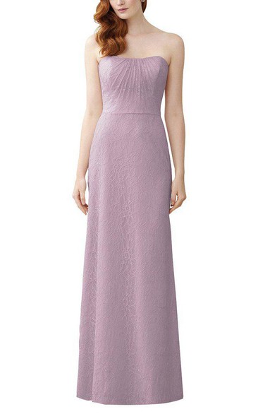 Strapless Lace Sheath Ruched Long Bridesmaid Dress