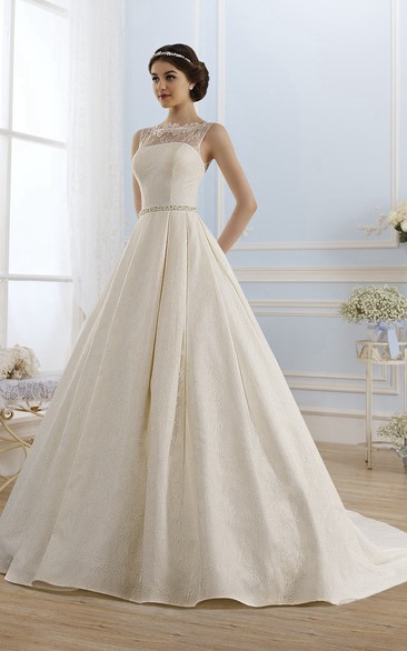 Ball Gown Long Bateau Sleeveless Keyhole Lace Dress With Waist Jewellery