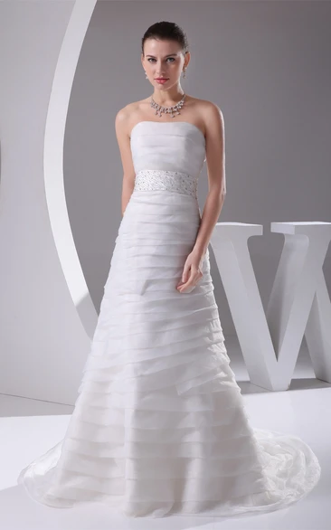Sleeveless A-Line Gemmed Waist and Dress With Overall Ruched Design