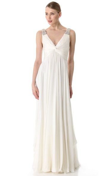 Long Deep-V Neckline Empire Chiffon Dress With Broad Straps