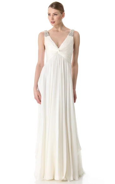 Long Deep-V Neckline Empire Chiffon Dress With Broad Straps