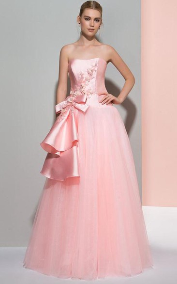 A-Line Strapless Beading Bowknot Floor-Length Prom Dress