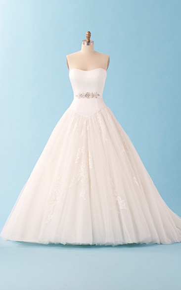 Ball Gown With Beaded Sash And Lace Applique