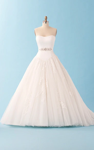 Ball Gown With Beaded Sash And Lace Applique