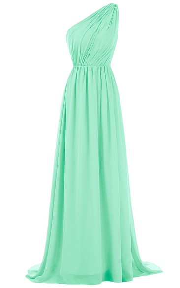 Chic One-shoulder Pleated Chiffon A-line Gown With Train